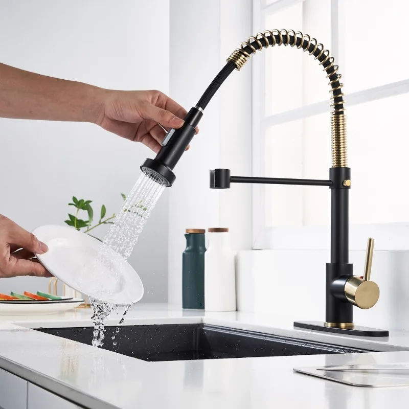 

Современный стиль, полностью медный хромированный пружинный смеситель с одной головкой, пружинный выдвижной смеситель для раковины, бытовой кухонный смеситель