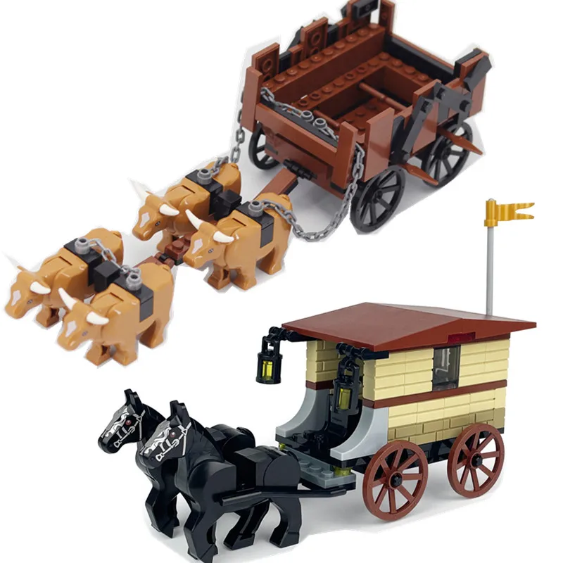 MOC Creative Medieval Western Carriage Model Farm Cattle Cart Transport Vehicle Building Blocks DIY Brick Toys Boy Birthday Gift