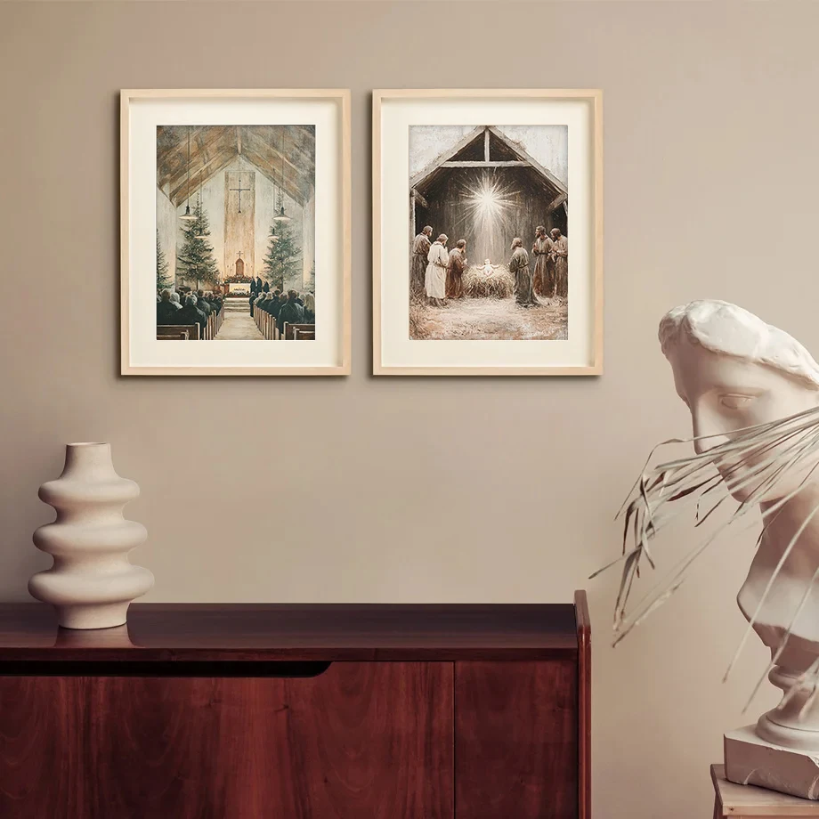 Vintage Christmas Church Christian Nativity Scene Angel Poster and Prints Canvas Printing Wall Art Picture for Living Room Decor