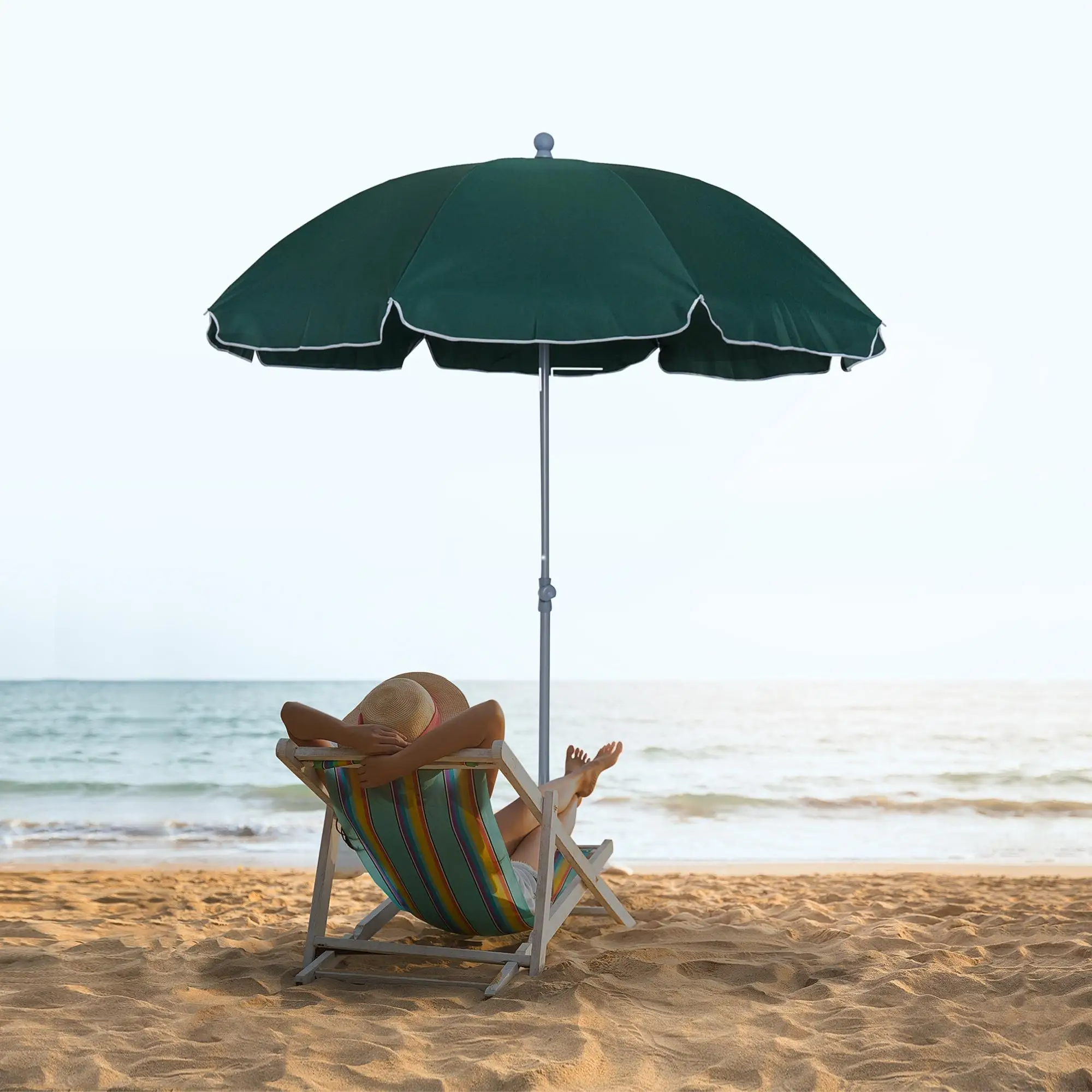 Sombrilla de playa grande de 2,2 m con función giratoria, parasol resistente a la intemperie para balcón, terraza, jardín, verde