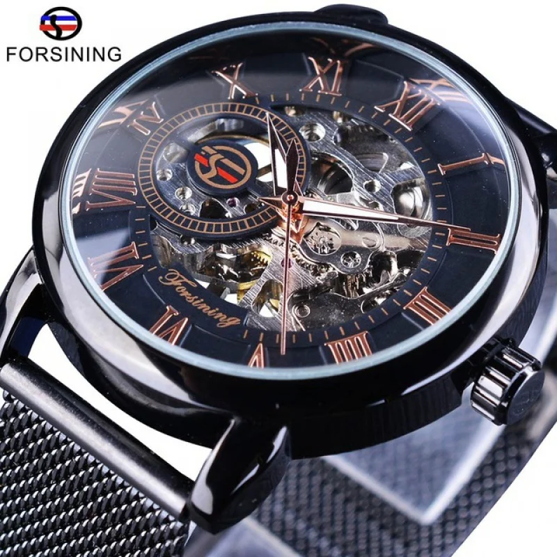 Free Shipping OUTLETSNew Product forsiningWatch Men's Fashion Casual Roman Digital Mesh Belt Hollow out Automatic Mechanical Wat