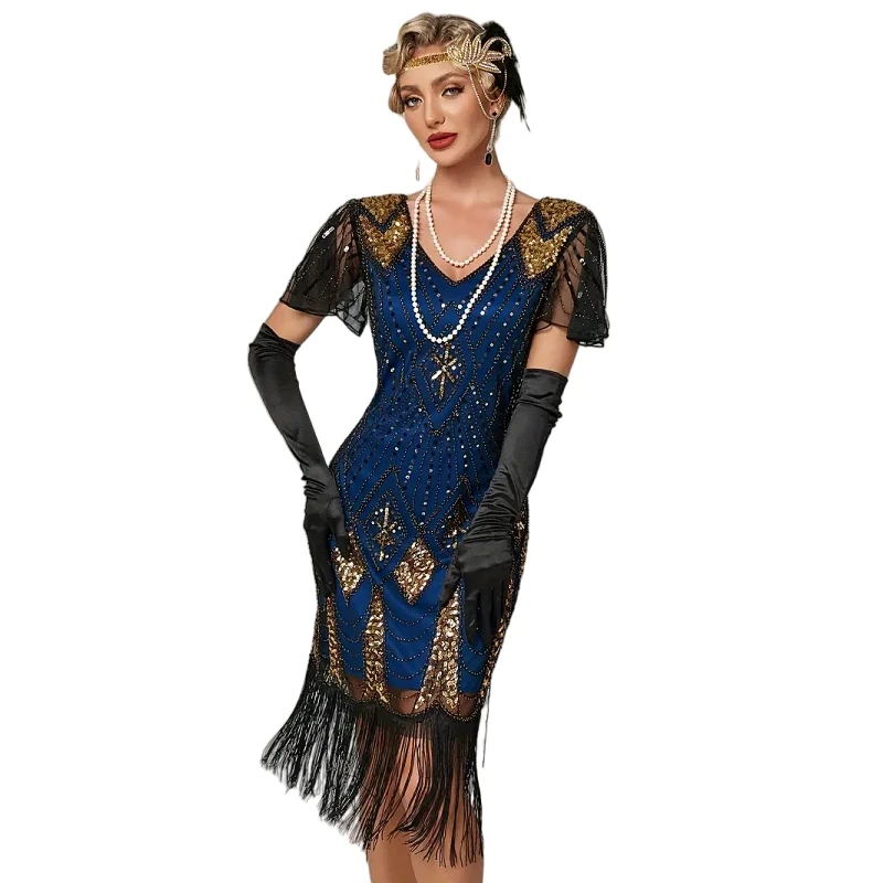 Sexy V-hals Vlinder Mouw Blauwe Pailletten Jurk Jaren 1920 Vrouwen Flapper Fringe Jurk Plus Size Gatsby Stijl Jurk 20s Kostuum