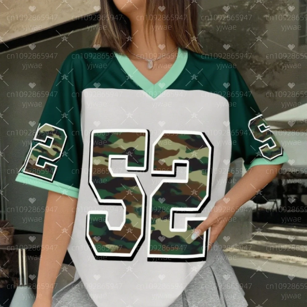 

2025 summer Women Number 52 Print V-Neck Short Sleeve T-Shirt Summer Tee Baseball Jerseys Stripe Oversized Sport T-Shirt
