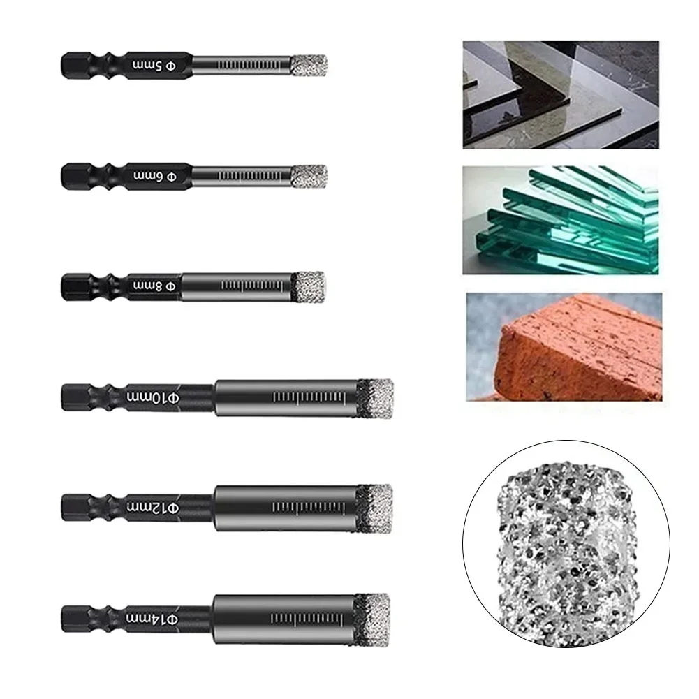 Vacuum soldadas Diamante Dry Drill Bits, Buraco Saw, cortador de mármore, granito, azulejos vitrificados, vidro, Hex Handle, 6-12mm