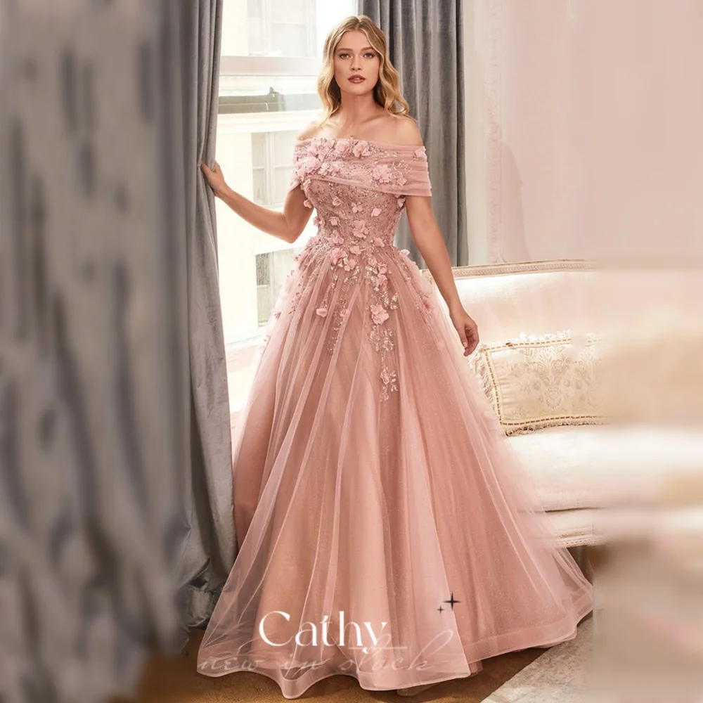 

Cathy A-line Party Dress Luxury 3D Flower Embroid Evening Dresses Sweet Off Shoulder Vestidos De Noche Pink Prom Dress