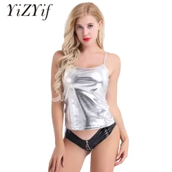 YiZYiF Shiny Tank Top Women Patent Leather Tank Top wetlook Stretchy Slim Fit Dance Vest Top Hip Hop Club metallic Tank Top
