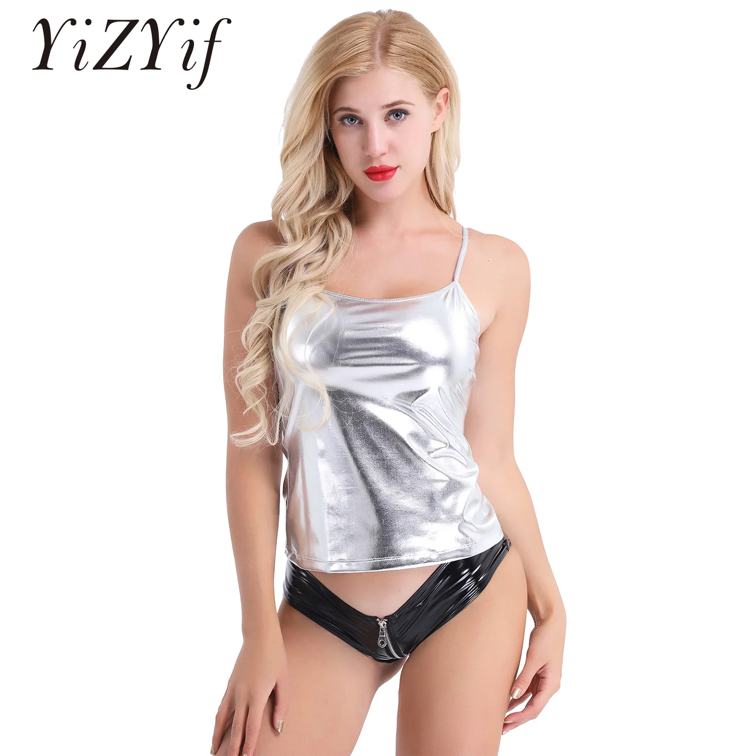 YiZYiF Shiny Tank Top Women Patent Leather Tank Top wetlook Stretchy Slim Fit Dance Vest Top Hip Hop Club metallic Tank Top