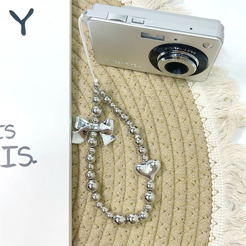 

Korean Cute Silvery Bow Love Heart Beaded Phone Chain Charm Lanyard For iPhone CCD Hanging Rope Girl Jewelry Pendant Decoration