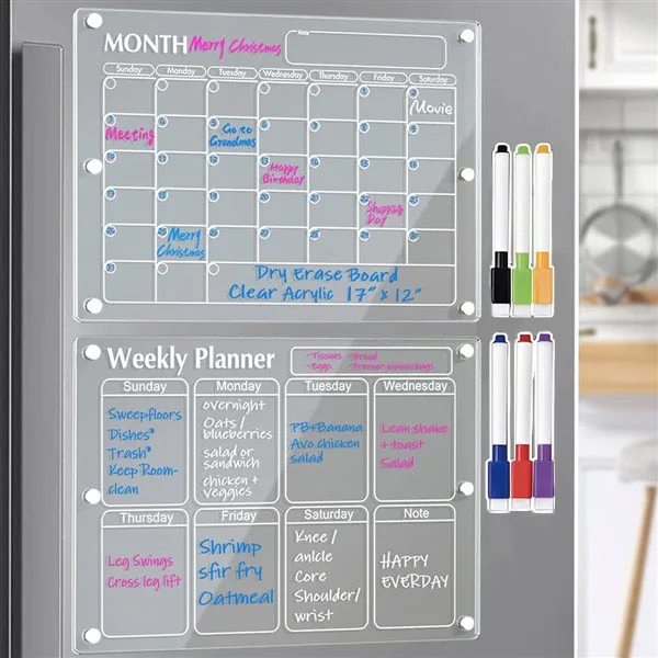 กระดานปฏิทินแม่เหล็กติดตู้เย็นแผ่นอะคริลิคใสแผ่นแม่เหล็กแบบใช้ซ้ำได้ทุกวัน