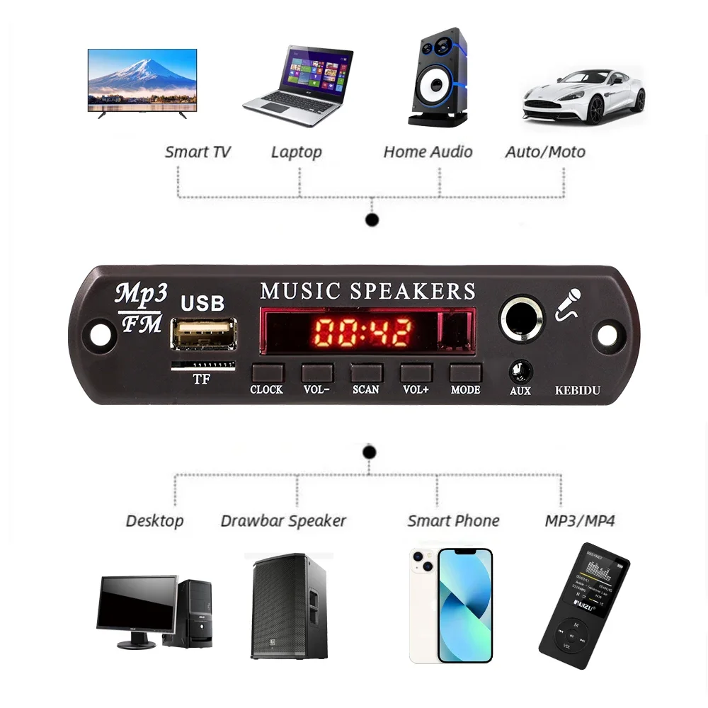60 واط MP3 فك مجلس بلوتوث 5.0 مشغل MP3 12-20 فولت اللاسلكية مشغل MP3 ساعة العالم ميكروفون TF AUX راديو FM لمكبر الصوت