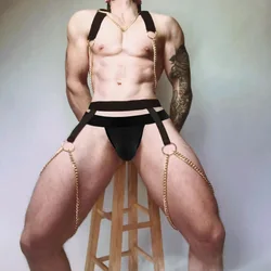 Gay Exotic Sets Sexy Chain Chest Harness Wetlook Open Butt Thong G-string String Homme Garter Gothic Men Punk Wetlook Costumes