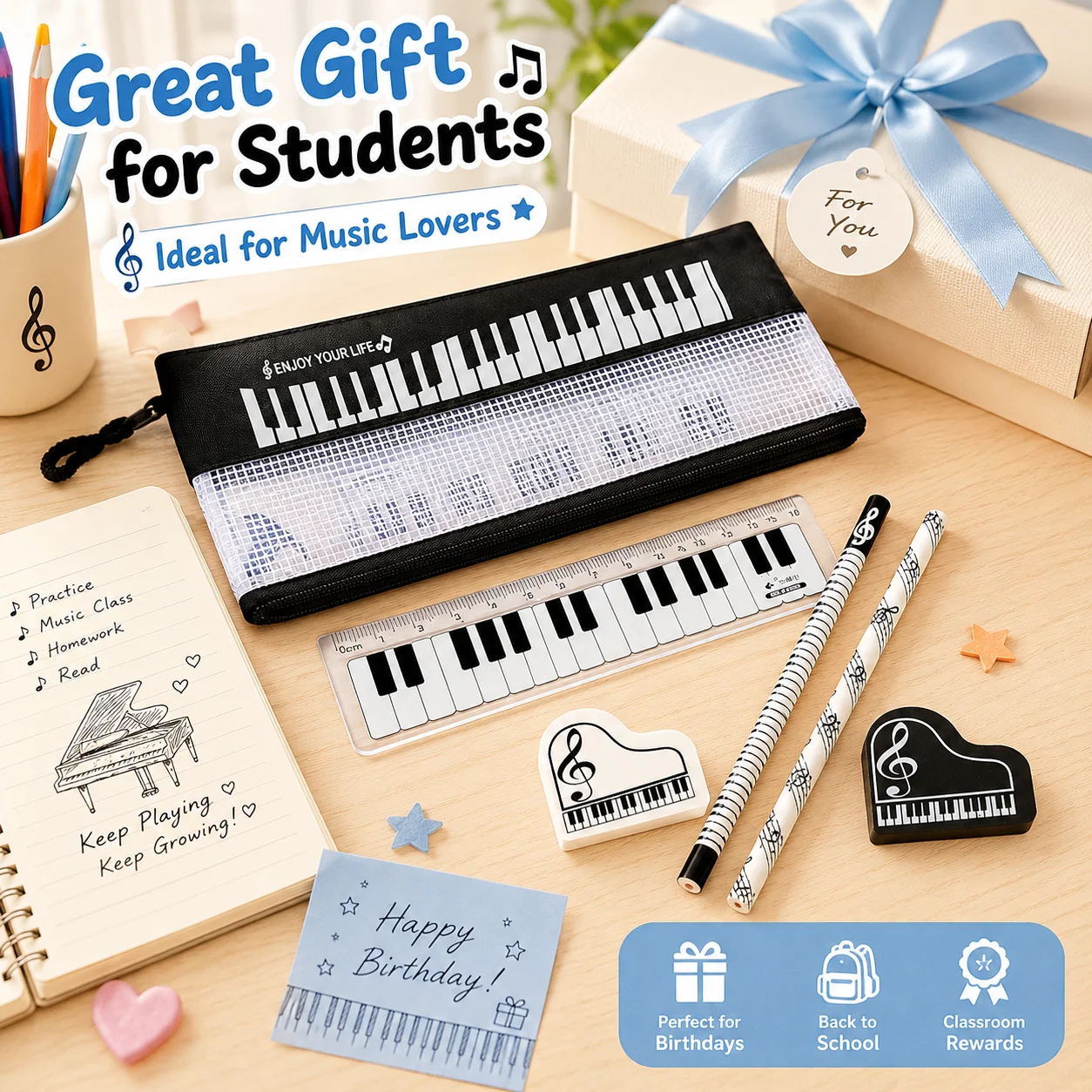 6Pcs Piano Theme Stationery Set Student Pencil Case Keyboard Ruler Pencil Eraser School Supplies