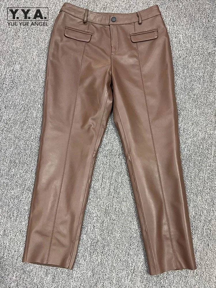 

Дизайнерские женские брюки из натуральной кожи для осени и зимы, универсальные, прямого кроя, из натуральной овчины, широкие, повседневные, с высокой талией