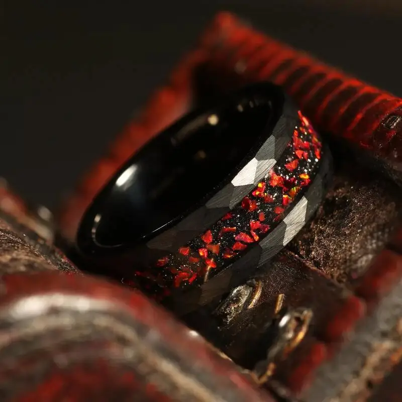 Diamond Shaped 8mm Red Fire Stainless Steel Ring Men Women's Black Background Red Fragments Wedding Ring Jewelry Surprise Gift - Image 5