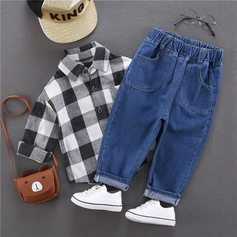 New Spring Autumn Pocket Black Kids Jeans Elastic Waist 2-13 Years Old Boys Girls Denim Trousers Cute Children Pants