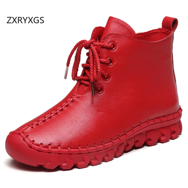 

ZXRYXGS Женские ботинки из воловьей кожи на шнуровке с боковой молнией, осень-зима 202, ботильоны на плоской подошве, нескользящие модные ботинки больших размеров