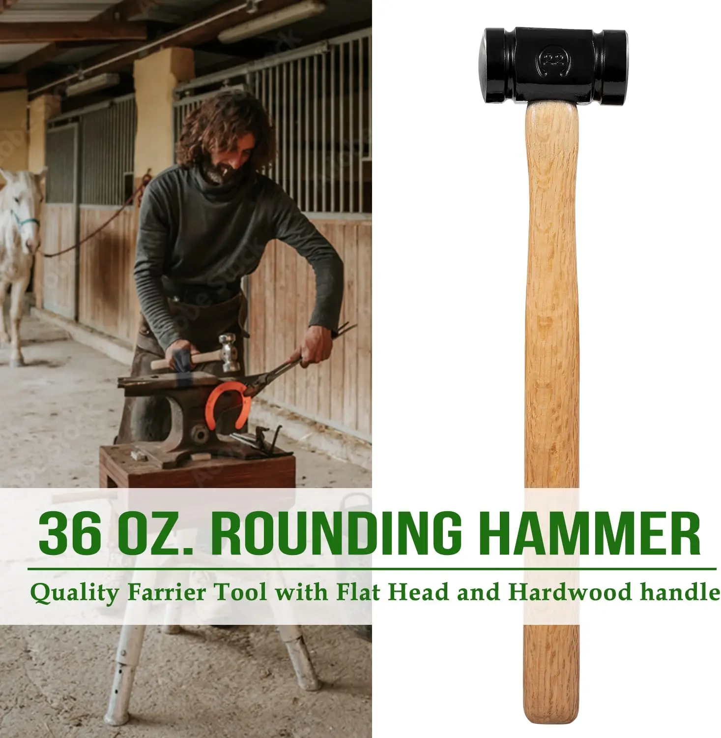 TENG MILE 61B 36OZ Round Hammer Cold Shaping Farriers Tool with Flat Head and Hardwood Handle Blacksmith Hammer