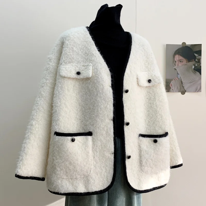 

White V-neck Casual Tweed Quilted Coats Autumn Winter Loose Basic Small Fragrance Elegant Chic Long Sleeve Warm Black Jacket