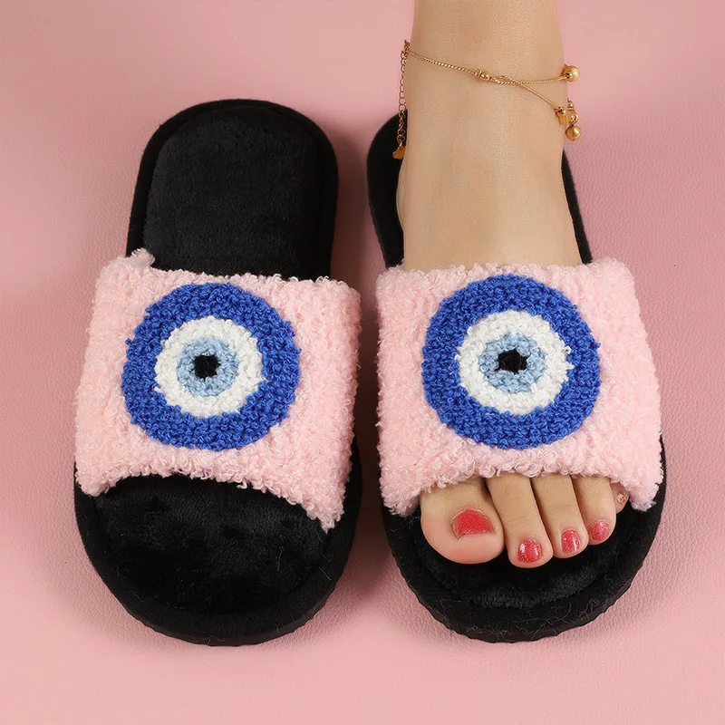 Blue Evil Eyes Curly Slippers Autumn Women Plush Slippers Couple Open Toe Home Cotton Shoes Flat Bedroom Warm Flannel Slippers