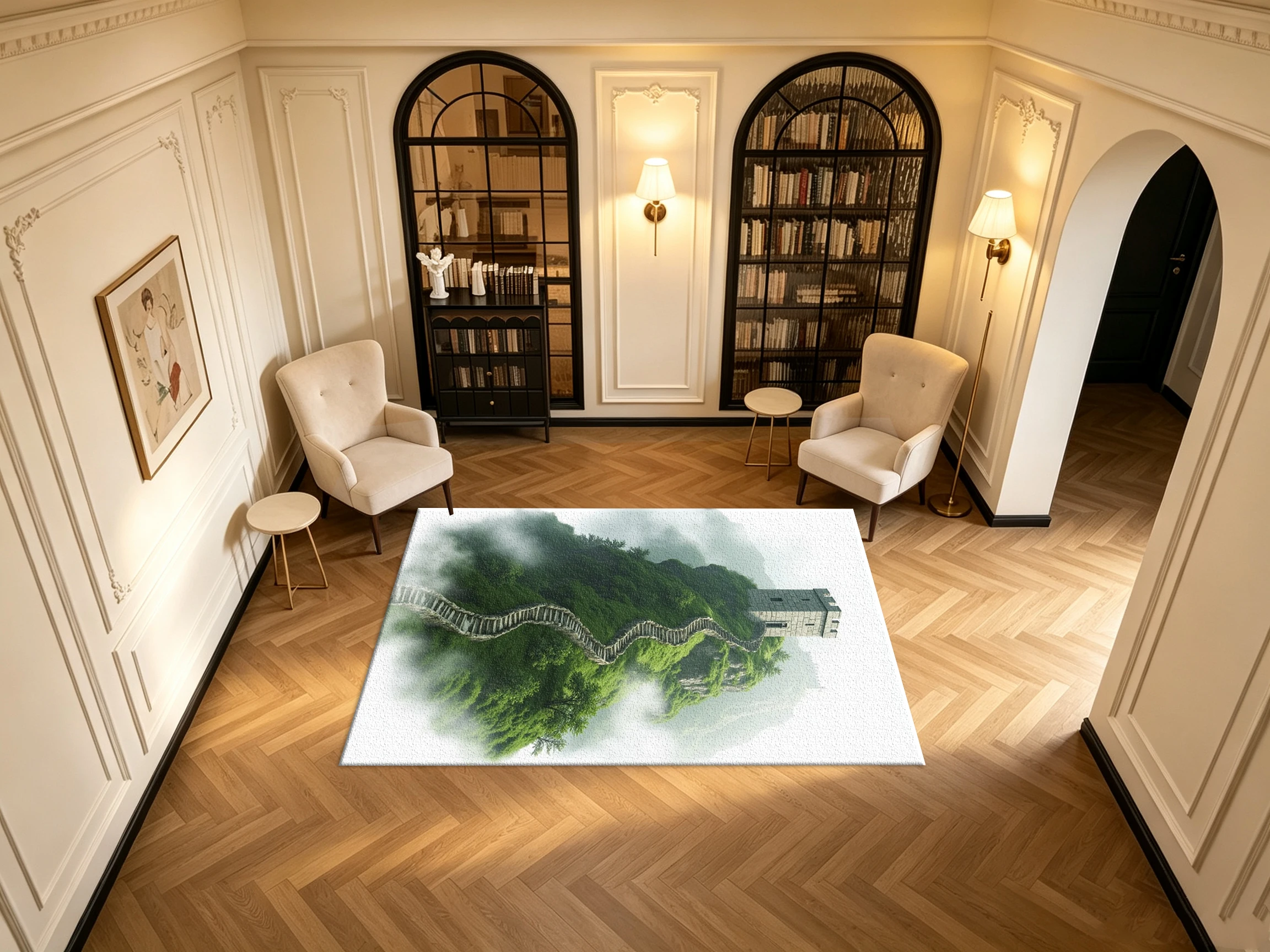Misty Foggy Great Wall Mountain Landscape Carpet Flooring Green Nature Scenery Art Printed Square Area Rug for Home Wall Floor Ornament