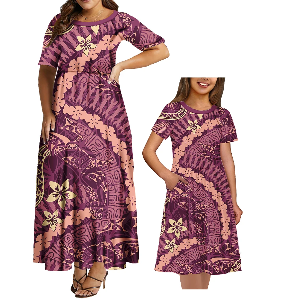 Parent-child Polynesian Tribal Print Matching Family Outfits Samoan Fiji Tapa Flower Dress For Women  Mom Daughter Clothes