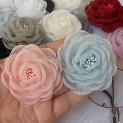 10PCS/Lot 5.5CM 3D Organza Chiffon Fabric Cored Artificial Rose Flower For Wedding Dress Hats Decoration DIY Sewing Applique