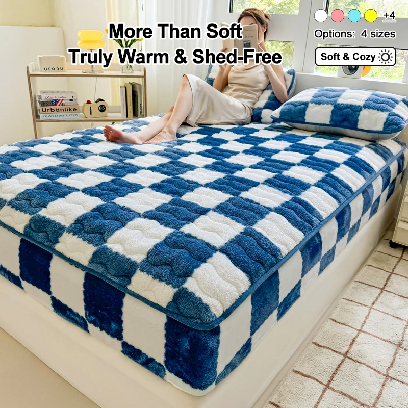 Quilted Plush Fitted Mattress Cover, Soft Warm Non‑Shedding Fitted Sheet,Plaid Thick Fluffy Mattress Protector Cover for Bedroom