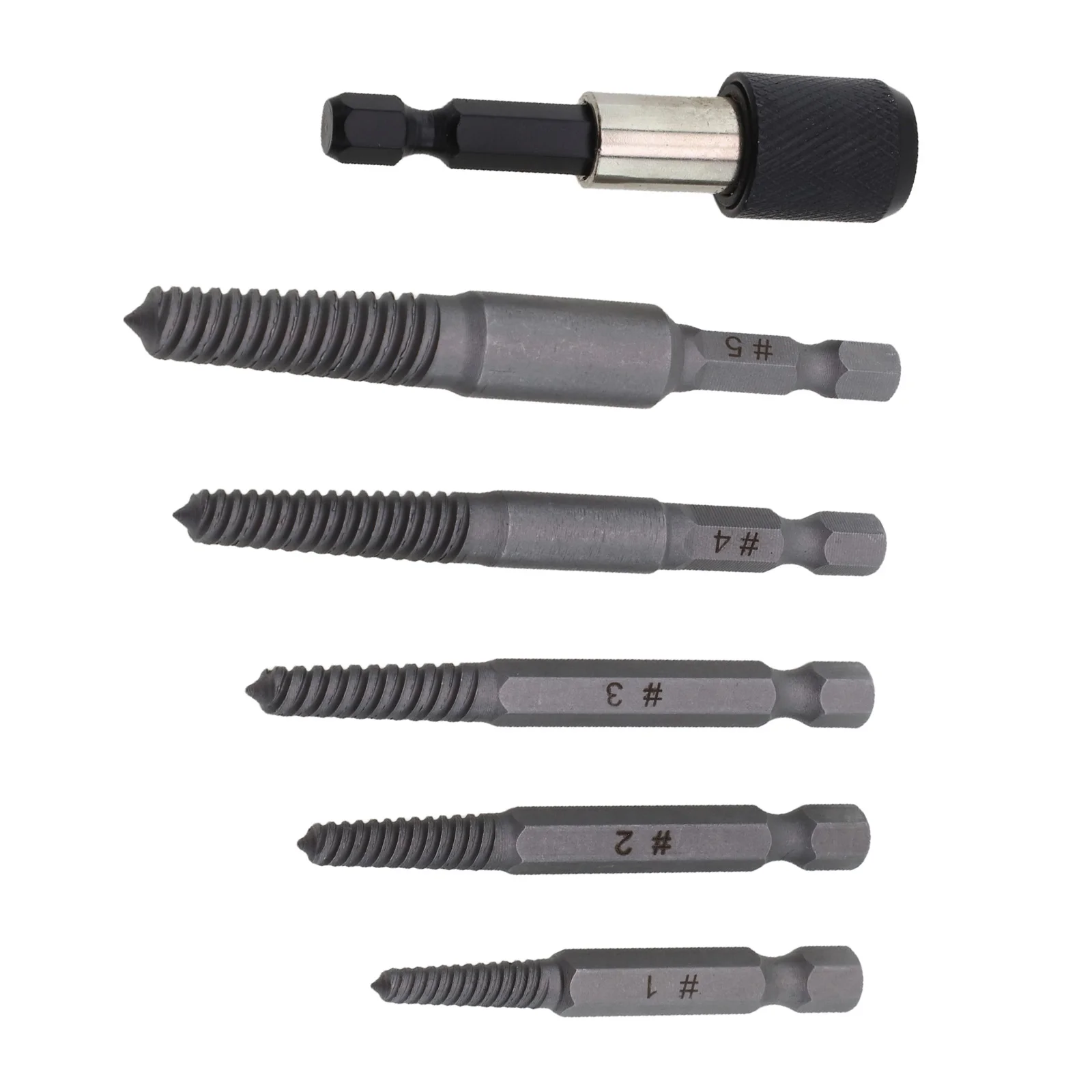 6 Piece Screw Extraction Set Designed to Easily Remove Stubborn or Stripped Bolts from Wood and Metal Surfaces