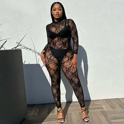 Sexy Party Lace Jumpsuits for Women Long Sleeve Nightclub See Through Stretchy Slim Fit Bodycon Rompers Womens Jumpsuit Catsuit