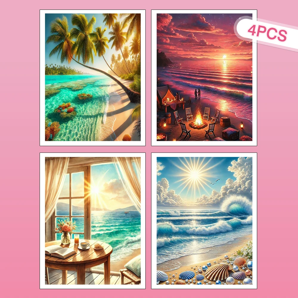 HUACAN 4-teiliges Diamant-Kunstbild Meereslandschaft Heimdekoration Strass DIY Geschenk Vollrunde Diamanten-Mosaik Strand Sonnenuntergang