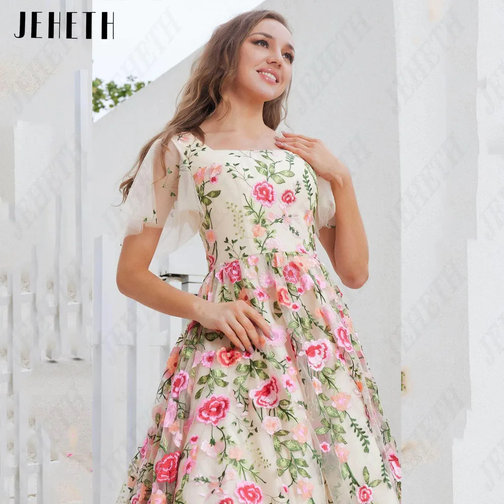 Jeheth Flower Lace dance dress embroidery Flower Lace a short Sleeve TUL Party dress Square neckJEHETH vestido De fiesta De encaje De flores, bordado Floral, línea A, manga corta, tul, cuello cuadrado, Vestidos De Gala