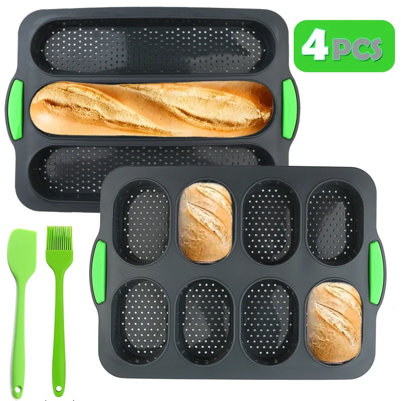 

Набор силиконовых форм для багет из 4 предметов — серые антипригарные формы для французских рулетов и гамбургеров с кистью и скребком, праздничная выпечка