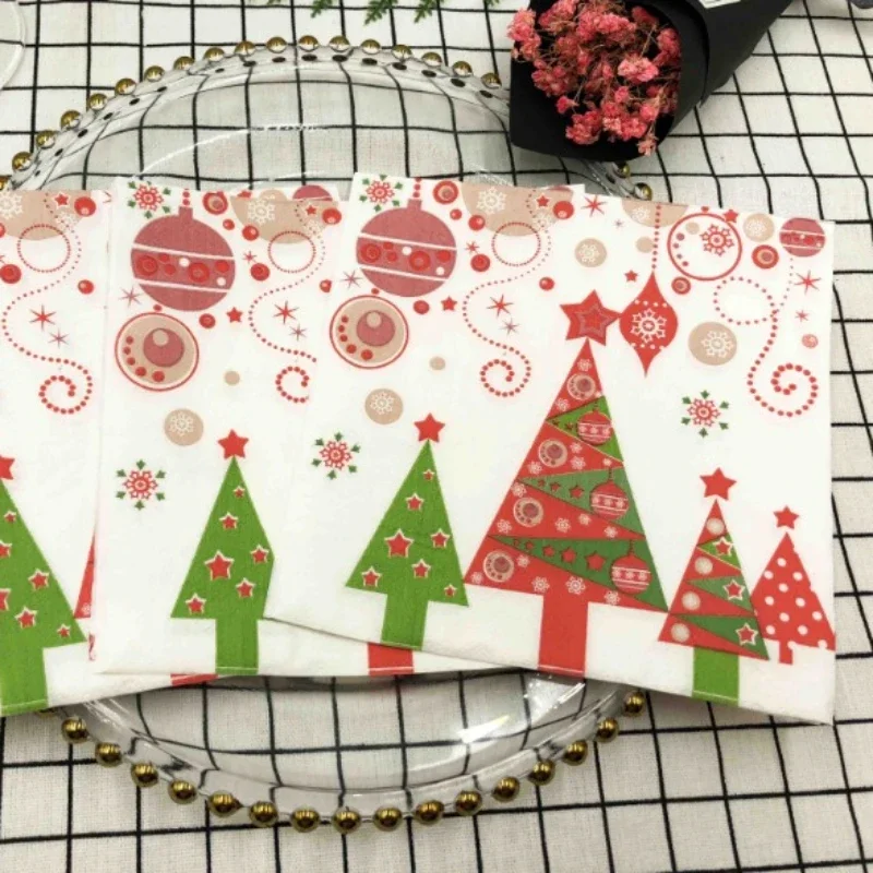 Christmas Tree Colorful Printed Napkins Square Paper Napkins Restaurant Folded Facial Tissues Party Wine Glasses Paper Flowers