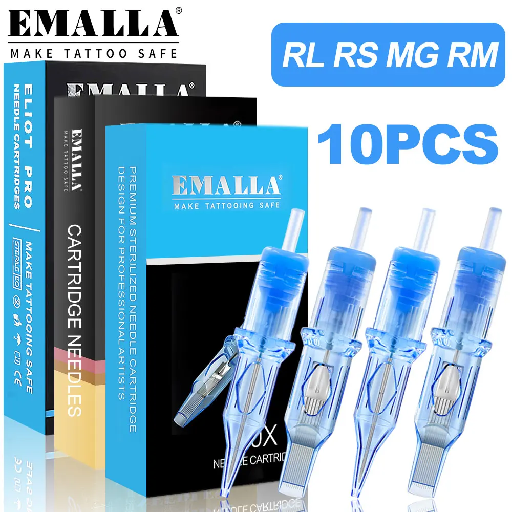 

10 шт. картриджей EMALLA для тату-машинок: иглы RL, RS, MG, CM, одноразовые, стерилизованные, безопасные, для тату-машинок-ручек