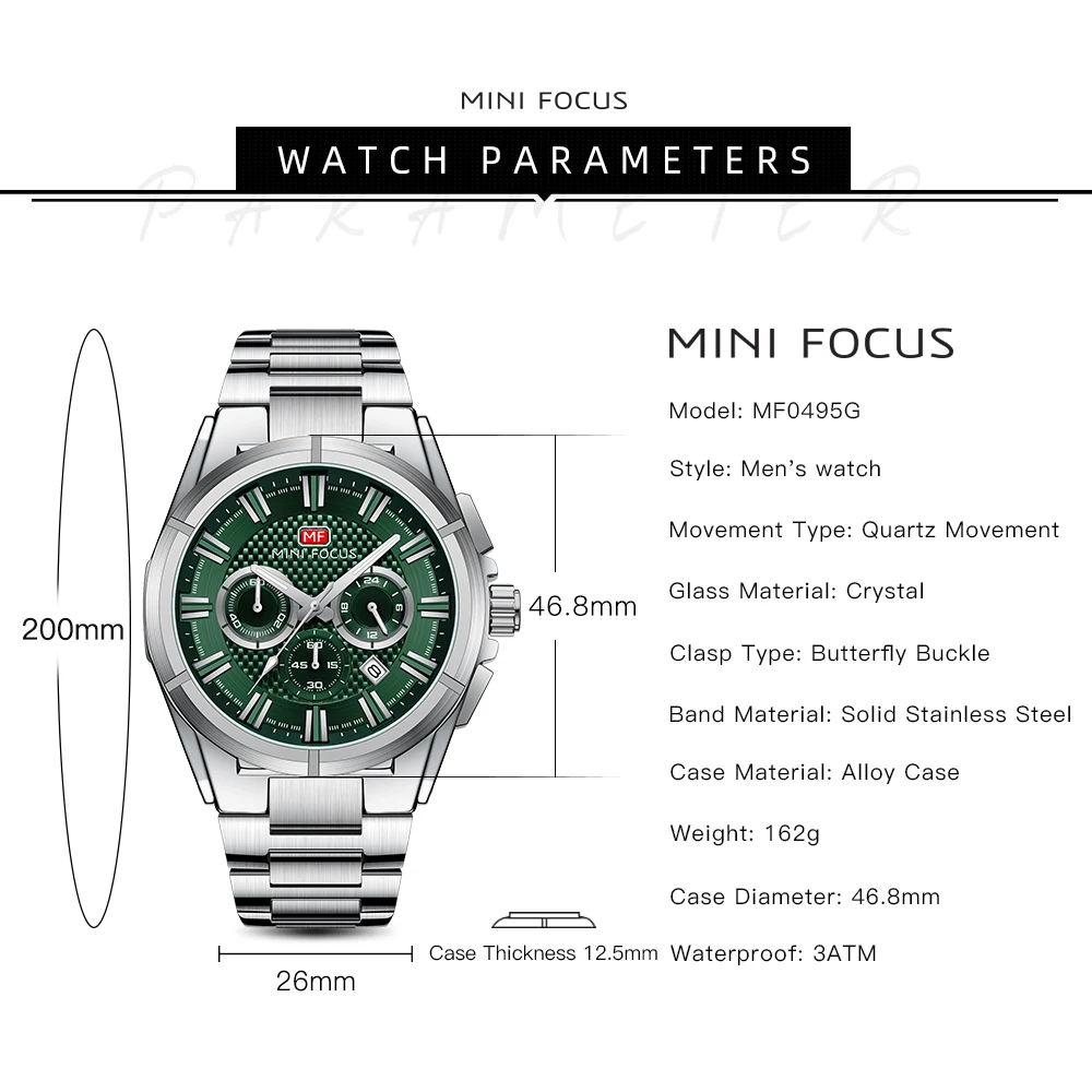 MINI FOCUS Luxury Men's Quartz Watches Business Men Watch Waterproof Luminous Stainless Steel Chronograph 0495G