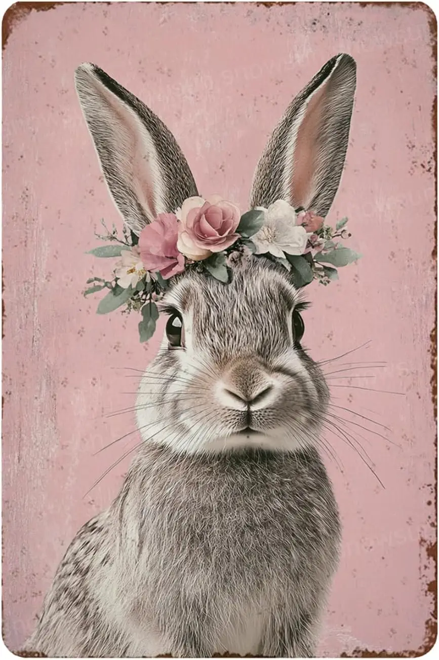 Snowsun Easter Vintage Tin Sign Rabbit Easter Decor Easter Metal Sign Retro Sign for Home Bar Living Room Easter Wall Decor sign