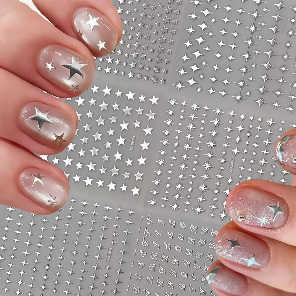 6pcs 3D Silver Star Nail Stickers Y2K Metallic Star & Line Design Waterproof Nail Decals DIY Manicure Party Wedding Daily Wear *