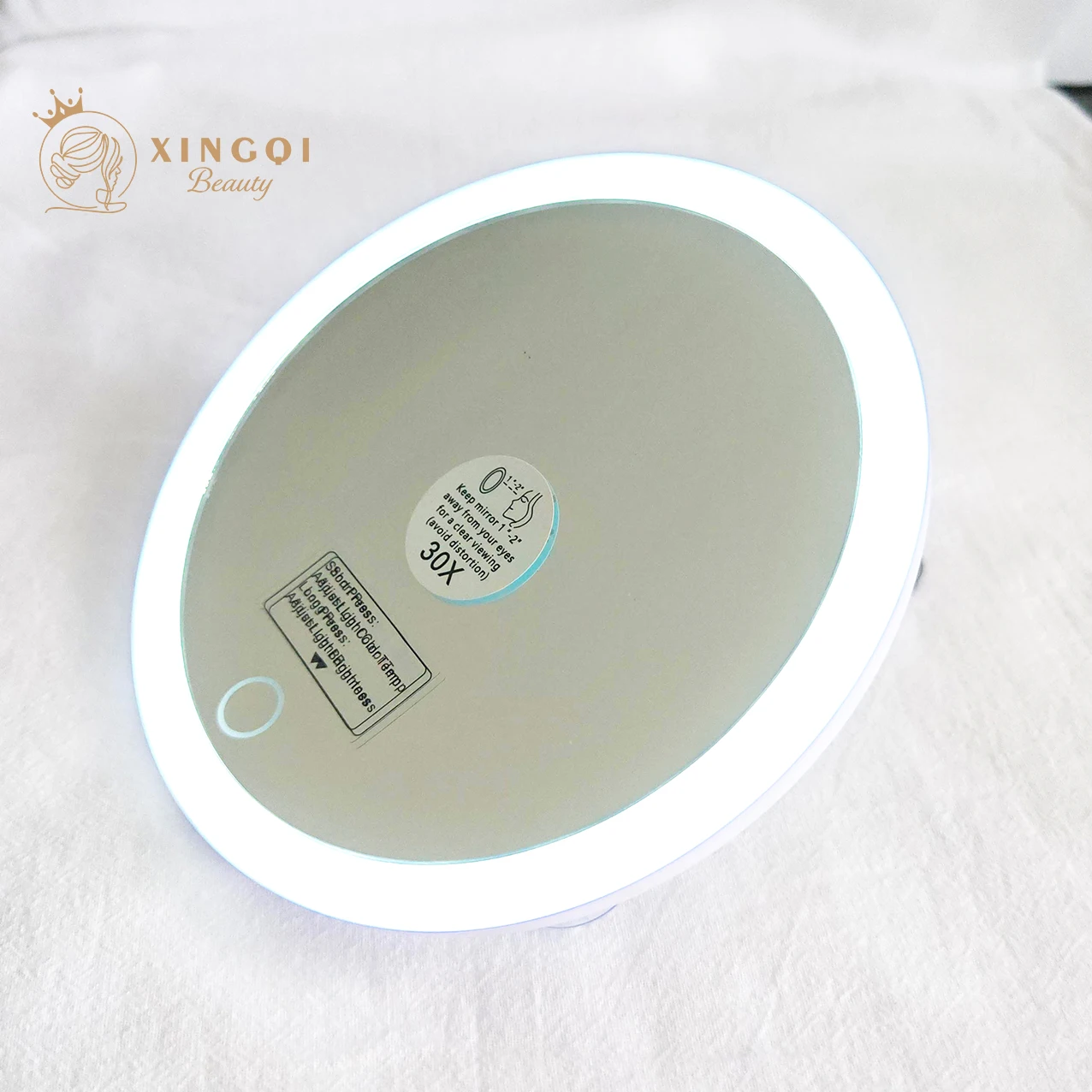 cute 6 inch travel size round white/black portable led face mirrors with magnification 5x 10x 20x 30x times 360 with stand