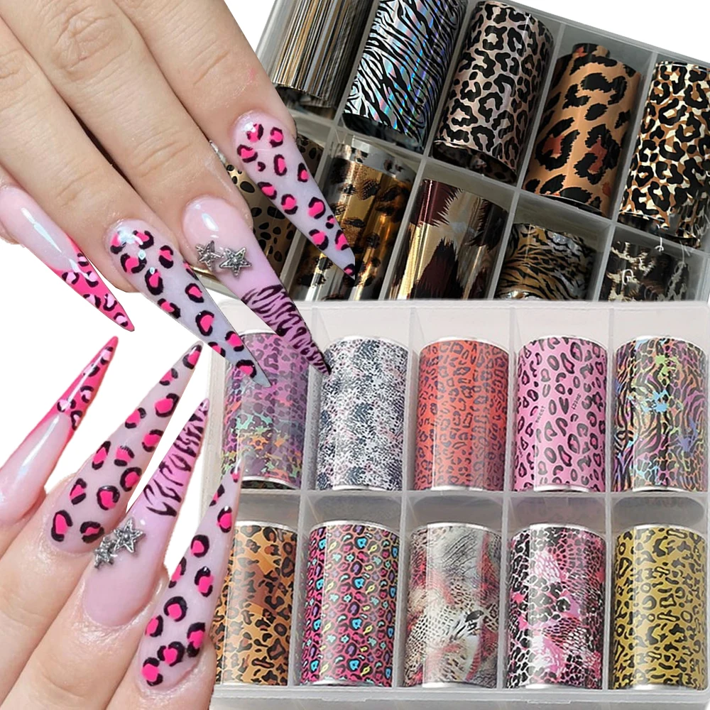

10Rolls 3D Pink Leopard Transfer Nail Foils Sticker Snake Skin Sexy Leopard Print ail Transfer Decals Animal Leopard Nail Decora