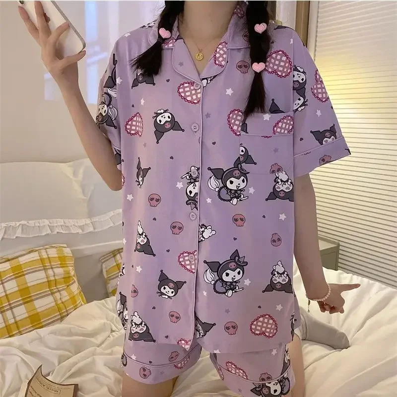 New Sanrio Kuromi Pajamas Women Summer Cute Korean Fashion Print Short Sleeve Sleepwear Cartoon Pajama Set Home Clothes Y2k