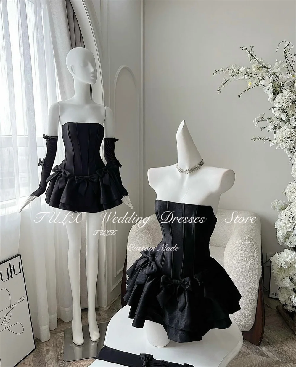 TULX Sexy trägerlose Mini-Abschlussball-Hochzeitskleider mit Handschuhen, plissierte Satin-Abendkleider, Schleife, Damen-Partykleid, individuell gestaltet