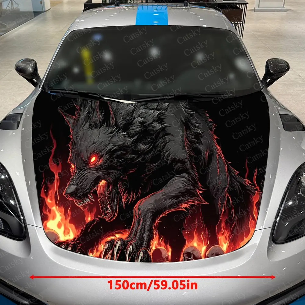 Flame Domain Red-Eyed Black Wolf Car Vinyl Wrap, PVC Waterproof Car Hood Sticker, Self-Adhesive Scratch-Resistant Stickers