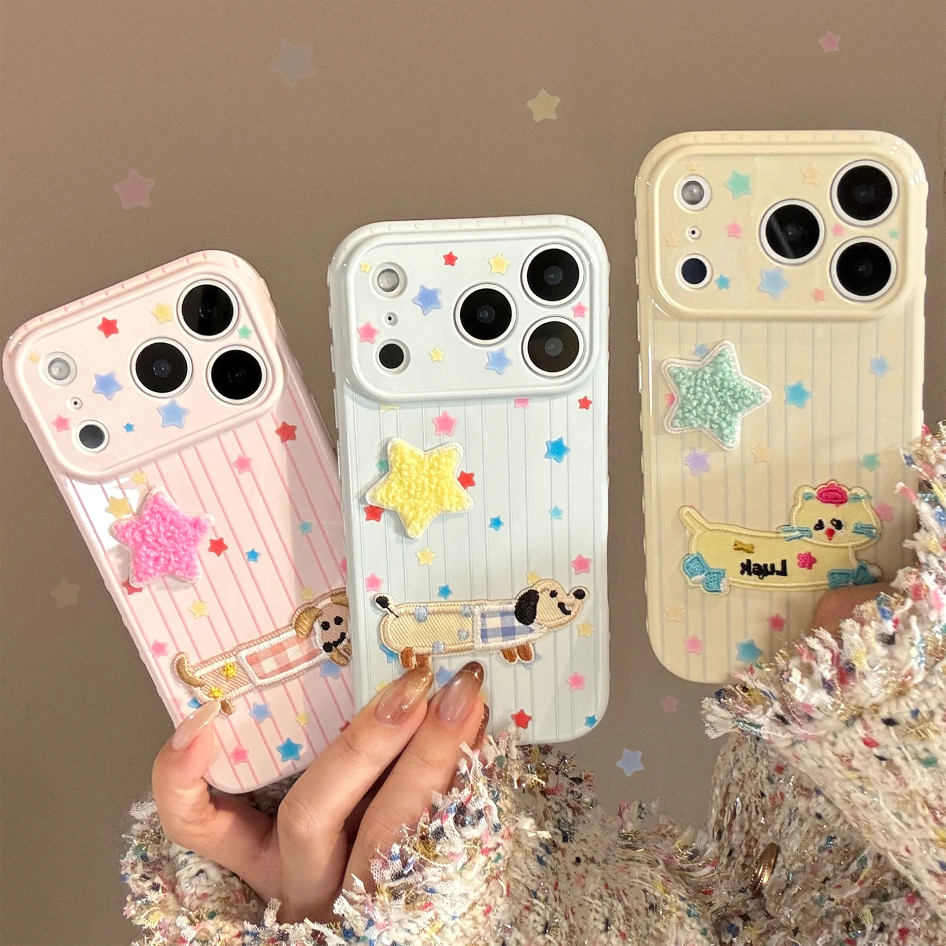 Koreanische Cartoon Welpen Kätzchen Stickerei Bunte Plüsch Sterne Telefon Fall Für iPhone 17 13 14 15 16 Pro max Stoßfest Soft Cover