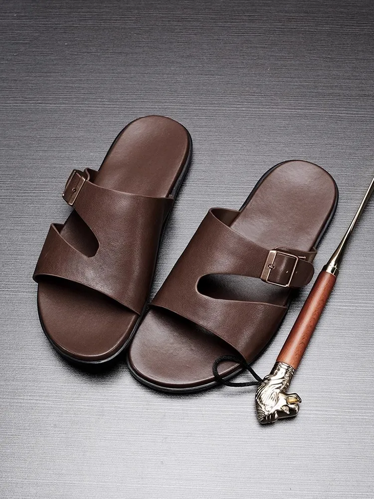 Casual Slippers New Summer Men Cowskin Genuine Leather Beach Shoes Retro Hollow Out Breathable Buckle Mens Open Toe Flat Slides