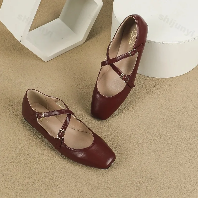 Low Heeled Mary Jane Single Shoes 2025 Women Shoes Retro Shallow Ballet Shoes Cross Buckle Shallow Soft Sole Flats Plus Size 44
