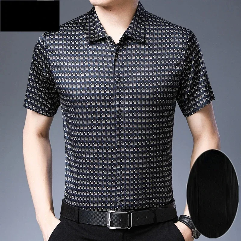 High Quality 92%Mulberry Real Silk Shirt for Men Short Sleeve Stain s Clothing Summer s Camisas