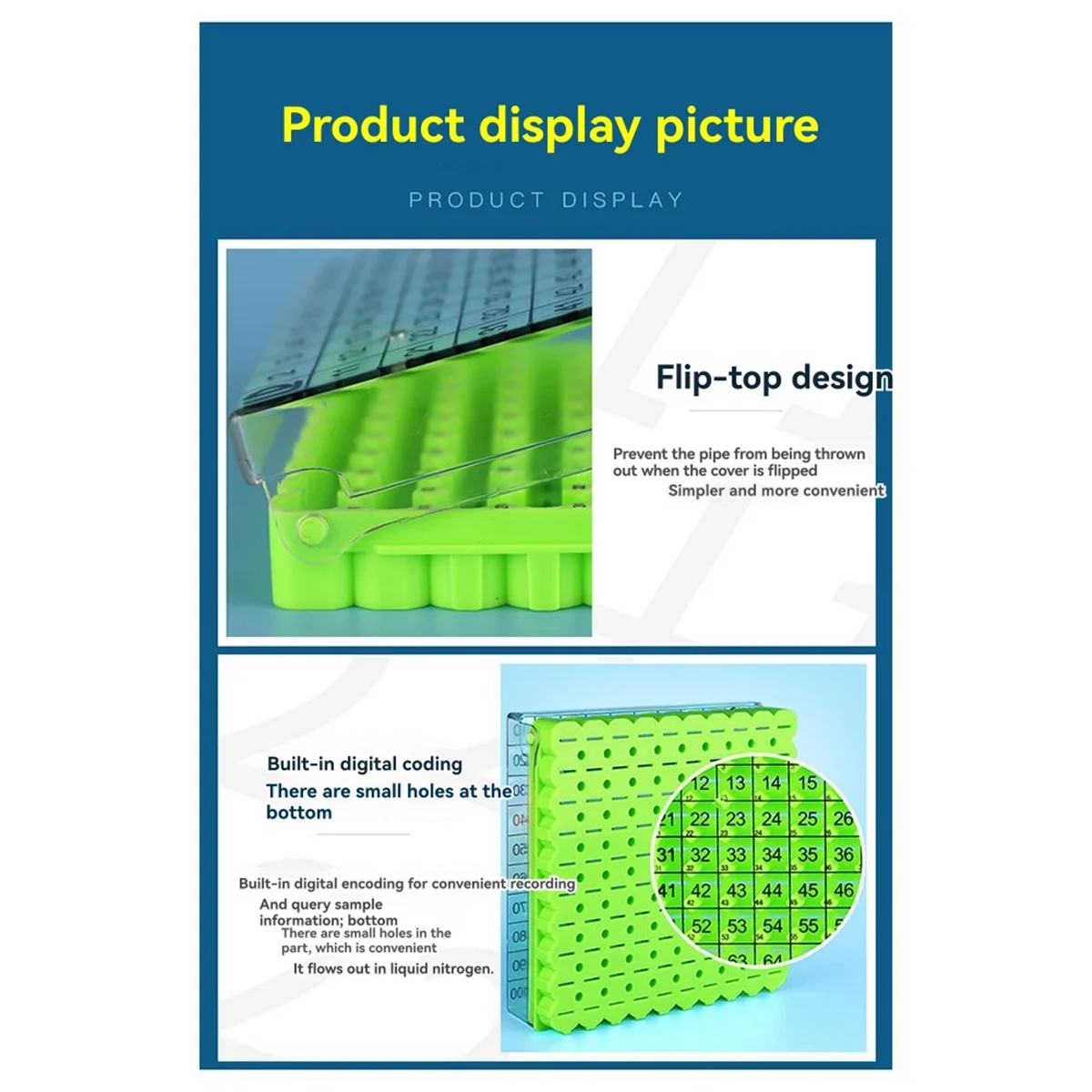 A79G Tube Box Frozen Storage Tube Box Sample Frozen Box Flip Tube Box 100 Cell 0.5ml 1 Piece Blue