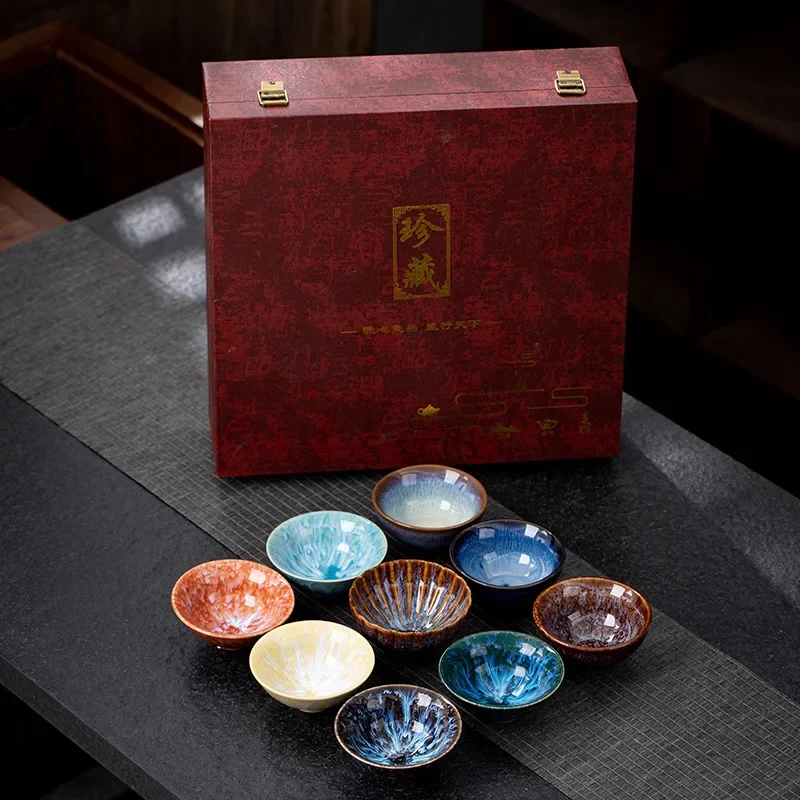 Multi-color Teacup Kiln Turns into Nine-color Teacup Light Luxury Gift Box Kung Fu Tea Set Master Cup Ceramic Bamboo Hat Tea Cup