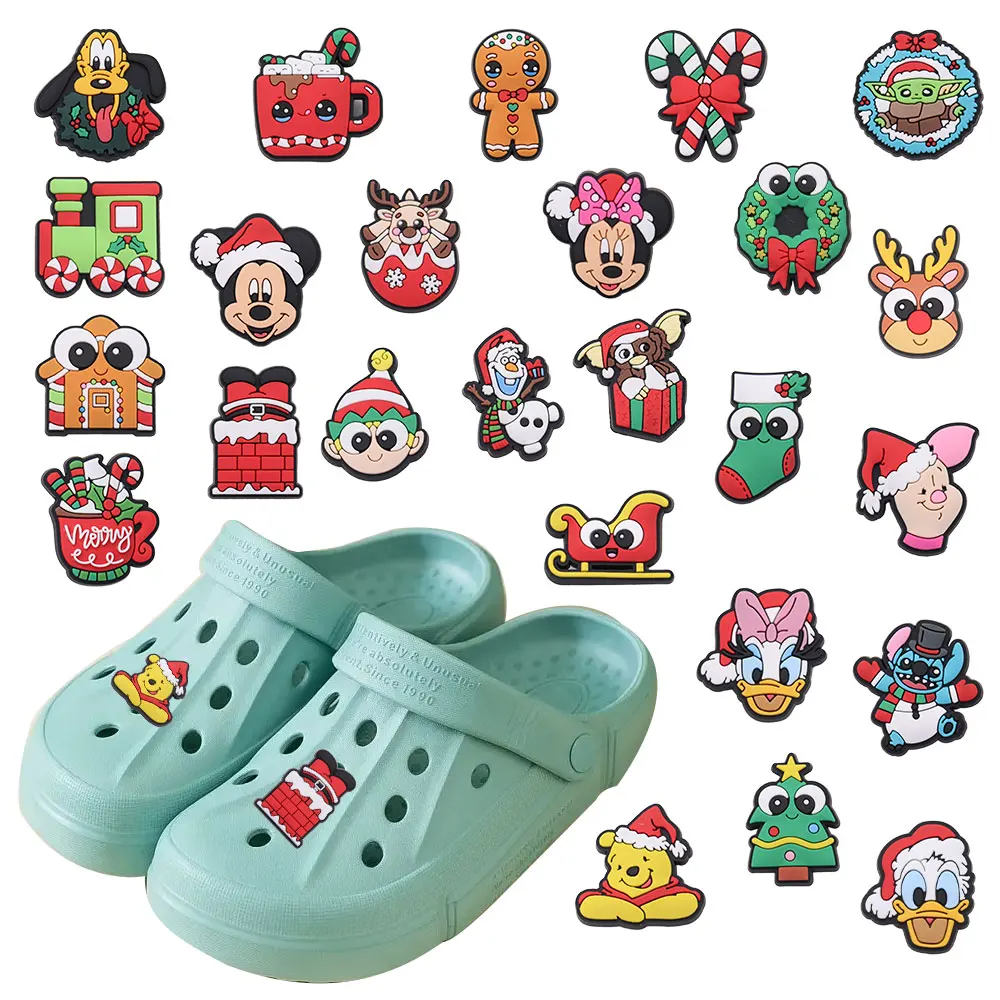 Sandal Natal isi 25 buah, sandal kartun Miniso Disney Mickey Minnie Donald Duck Pluto Stitch sandal PVC Natal, hiasan sepatu taman, hadiah Natal