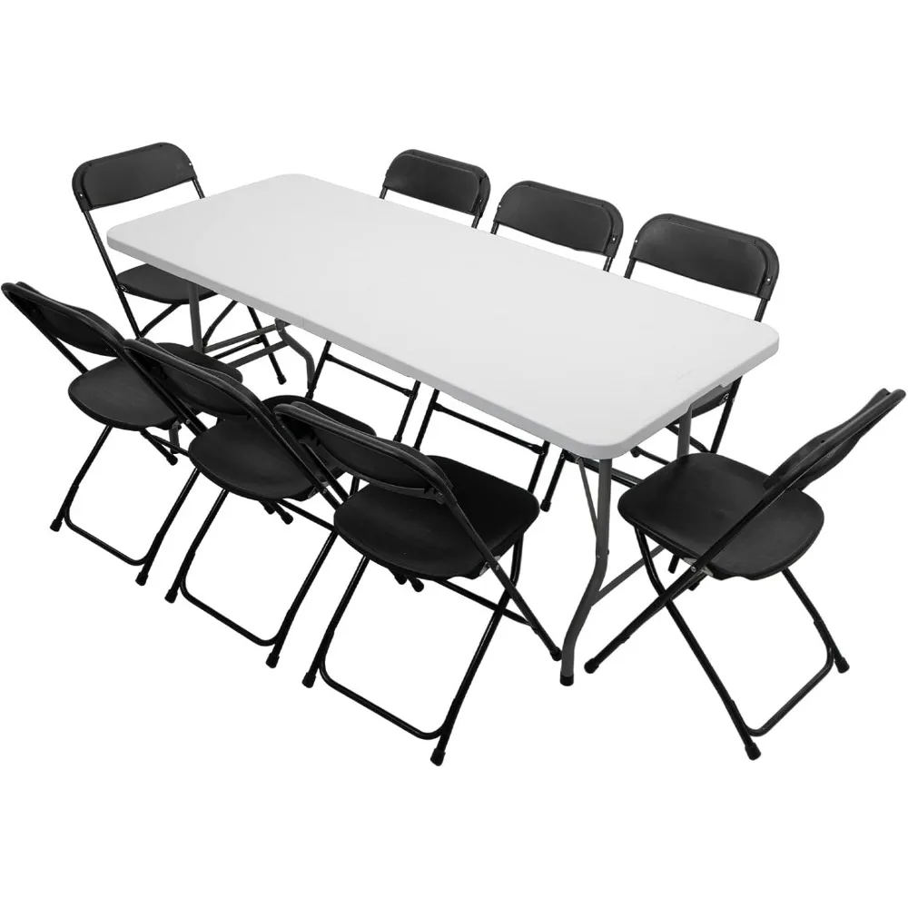 

6 FT Plastic Folding Table Set with 8 Black Folding Chairs for Picnic, Event, Training, Outdoor Activities, Camping Table